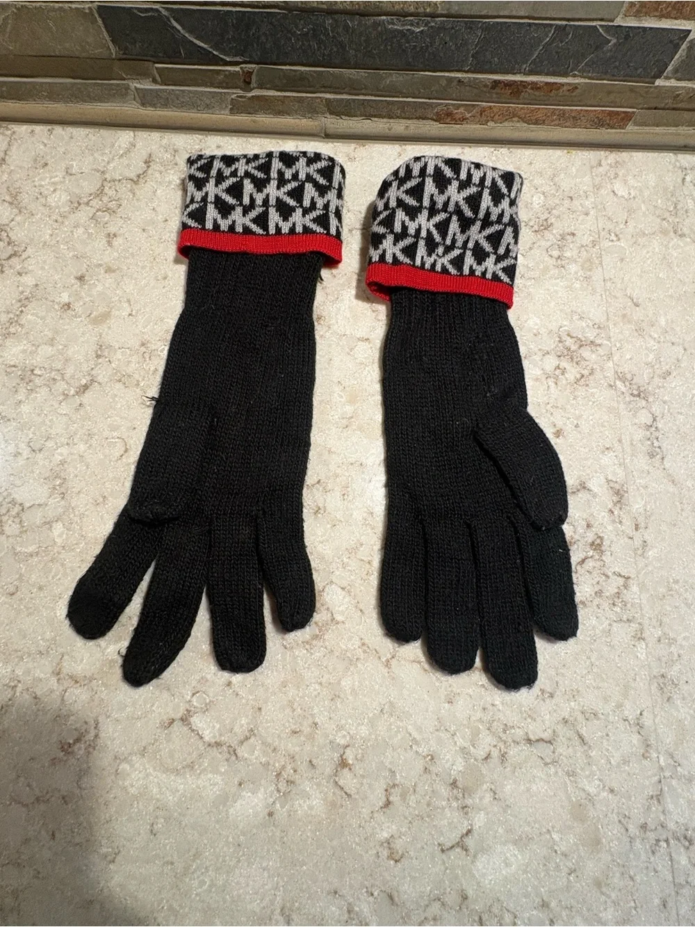 Michael Kors Black & White Logo Knit Hat, Scarf & Gloves Set with Red Trim